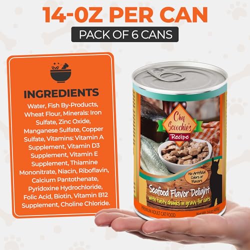 Image of Scoochie Pet Products Chef Scoochie's Tender Seafood Chunks in Gravy Wet Cat Food - Easy Open Pop-Top Cans - Protein & Essential Nutrients - Gourmet Meal for Indoor & Outdoor Cats 24 Cans (14 oz e.)