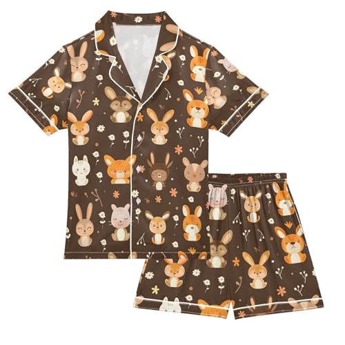 ALAZA Cute Animal Rabbit Blossom Pajamas Satin Pajama Set Short Sleeve Button Down Sleepwear
