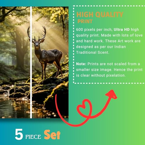 Image of Golden Deer Painting for Wall Decoration | 5-Piece MDF Wall Painting Set | Waterproof, Dustproof | Sparkle Laminated Big Size Deer Wall Painting for Living Room, Bedroom, Office, Home Decor