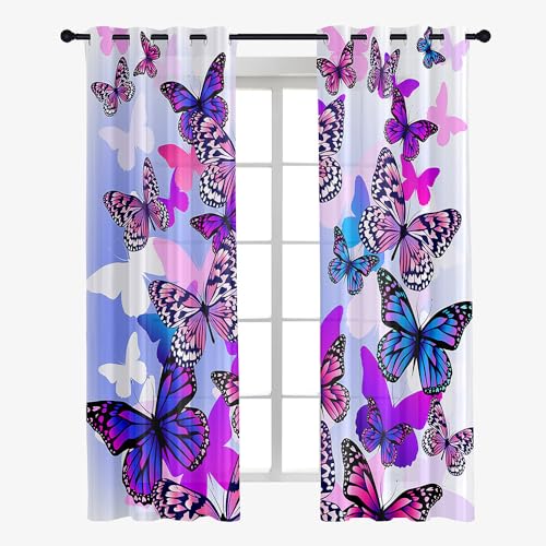 Highdi Motif Papillon Rideaux Voilage à Oeillet, Lot de 2 Voilages Intérieurs de Salon Moderne Chambre Semi-Transparent Léger Rideaux pour Cuisine Chambre...