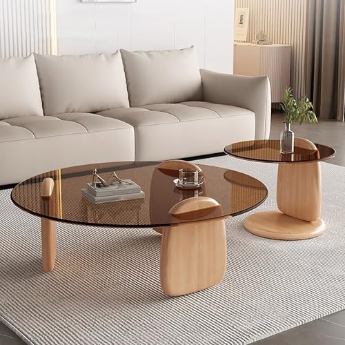 Juego de mesa de centro de cristal con base de madera, diseño minimalista de anidación para un fácil montaje y limpieza, perfecto para sala de estar moderna