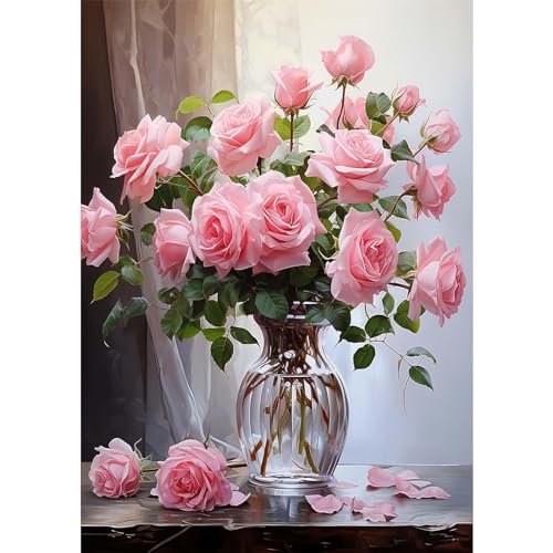 QENSPE Peinture Diamant 5D Adulte Rose rose Diamond Painting Complet Fleur Diamant Art Painting Kit, DIY Broderie Diamant Strass Cristal Point de Croix Murale...