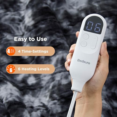 Image of Bedsure Faux Fur Heated Blanket Throw Blanket, Fast Heating Electric Blanket with 6 Heating Levels & 4 Time Settings, Cozy Gifts for Women Men (50x60 inches, Black)