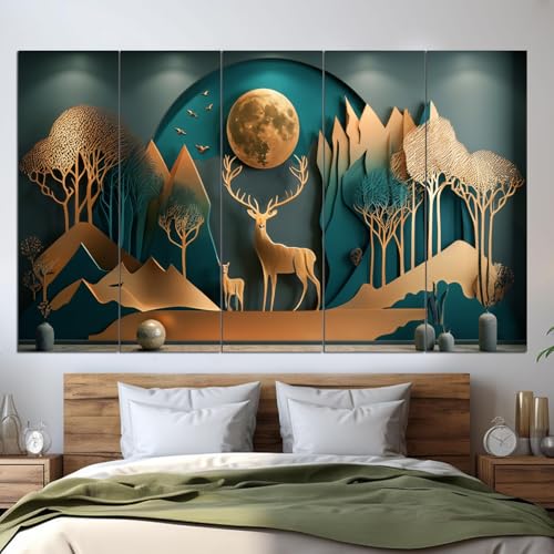 Image of Maxstone Goldan Deer Wall Painting Vastu for Home,Natural Living Room,bedroom,Office Wall Painting Multiple Panals Large Wall Art M1385