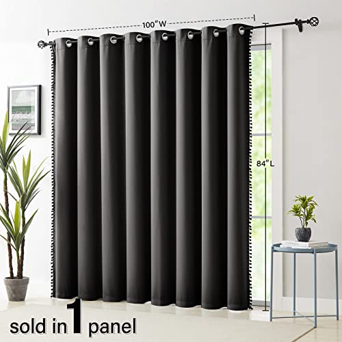 Image of Sliding Door Curtains Black with Pom Poms 100% Full Blackout Curtain Panels for Living Room Bedroom Room Divider Energy Efficient Extra Wide Window Drapes Grommet Top 100 inchW x 84 inchL 1 Panel