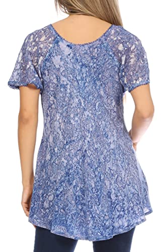 Image of Sakkas Ash Speckled Tiedye Embroidered Cap Sleeve Blouse Top with Embroidery Hems
