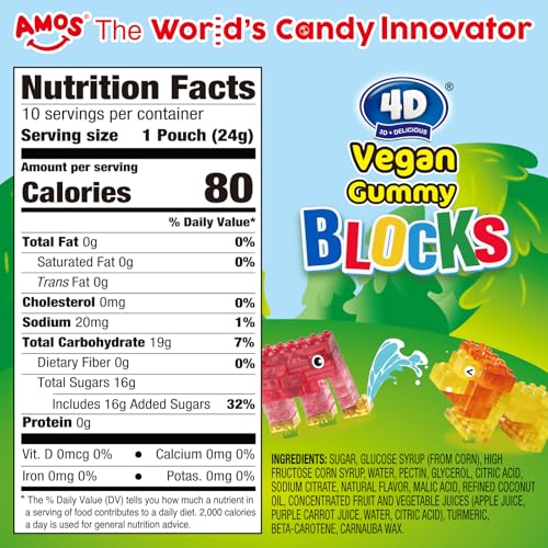 Image of AMOS 4D Vegan Gummy Blocks Candy - Assorted Fruit Flavors, Made with Real Juice, Fun-to-Build Edible Blocks, Fat-Free, (8.47 oz Pack of 1)