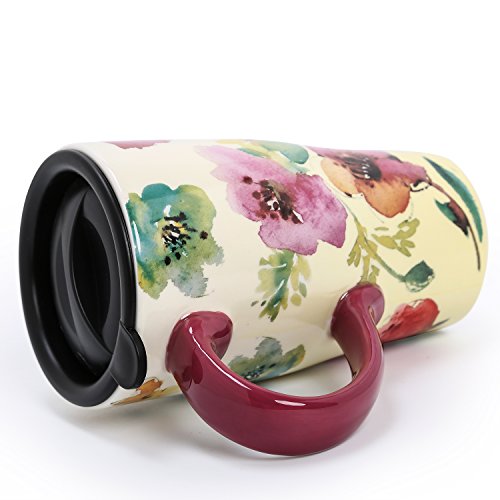 Minigift Ceramic Coffee Mug，Flower Travel Cup With Lid，Handmade Milk Tea Mug 16Oz-Colorful #TOP5
