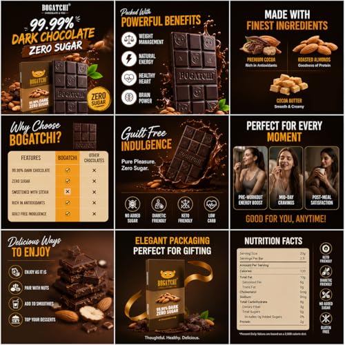 Image of BOGATCHI Premium 99% Dark Chocolate with Almonds, 60g | Intense Real Cocoa Dark Chocolate Bar | Rich Antioxidant Gourmet Chocolate | Roasted Almonds | No Artificial Flavours | Indulgent Healthy Snack
