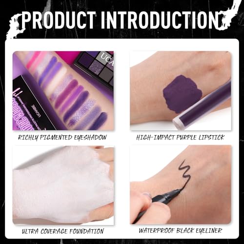 Image of UCANBE Halloween Makeup Kit - 15-Color Purple Eyeshadow Palette, White Liquid Foundation, Purple Liquid Lipstick, Black Eyeliner, Setting Powder & Sponges Makeup Set for Cosplay Witch Devil Sorceress