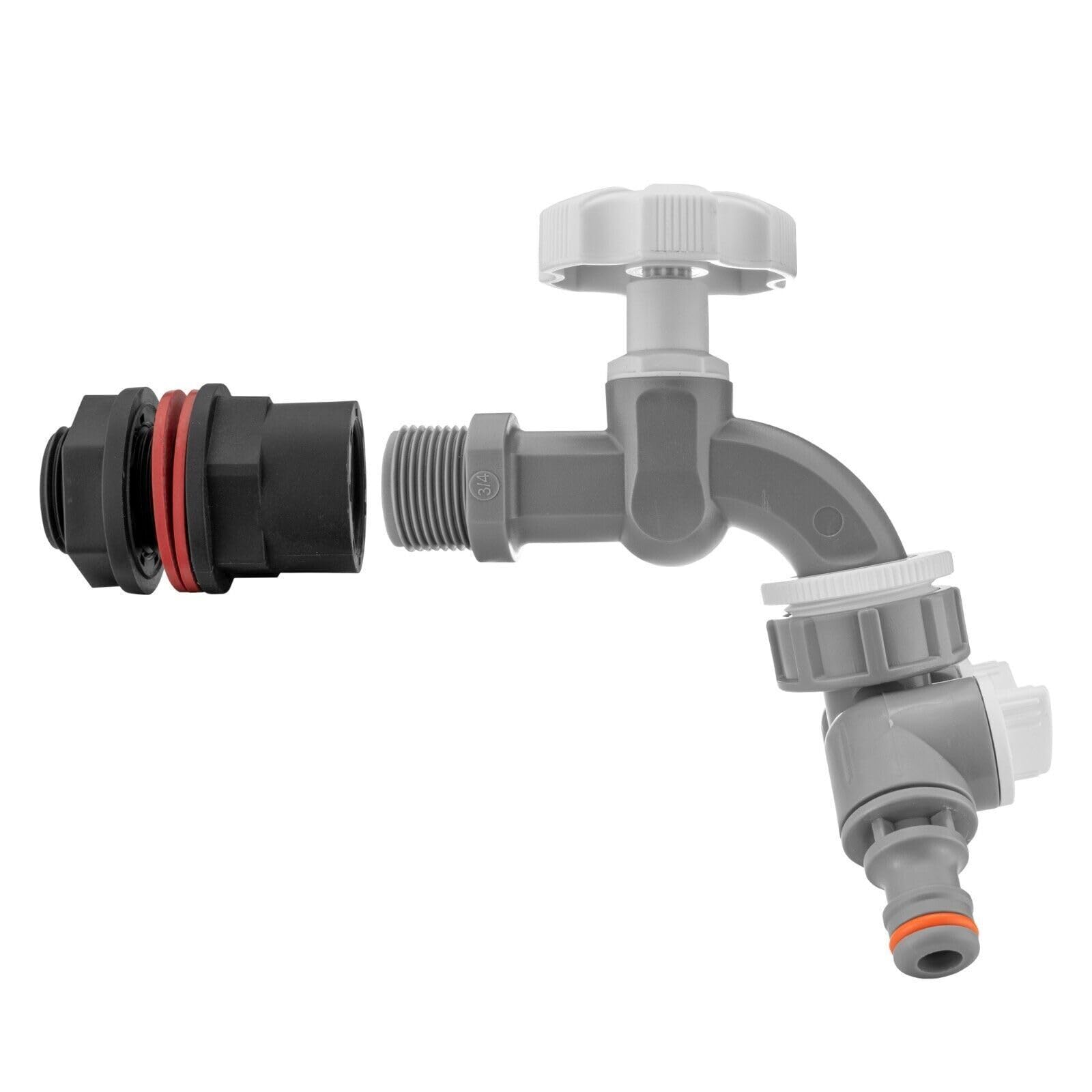 Water Butt Replacement Tap Solid Metal Lever UK Bib Outlet Barb Quick Hosepipes 1/2" & 3/4 (Grey tap + valved Splitter, 3/4") — image 1