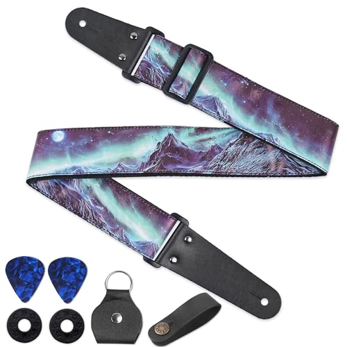 Image of Adjustable Guitar Strap Includes 2 Strap Locks & 2 Matching Picks & 1 Picks Holder & 1 leather Strap Button.