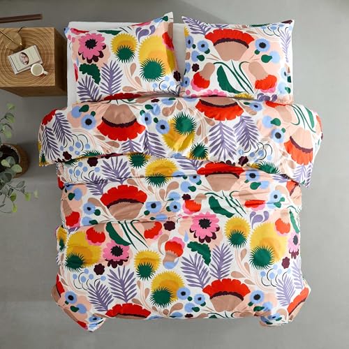 Image of MARIMEKKO - King Duvet Cover Set, Cotton Percale Reversible Bedding with Matching Shams, Floral Home Decor (Ojakellukka Multicolor, King)