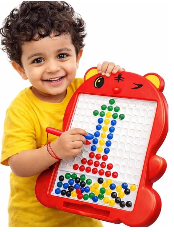 Image of Red Magnetic Drawing Board for Kids - Magnetic Mosaic Puzzle Board with Color Beads, Magnetic Pen & Pattern Cards - Educational STEM Learning Toy for Kids - (Pack of - 1)