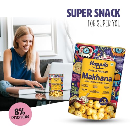 Image of Happilo Premium Super Snack Makhana Chilli Garlic 55g | Roasted Foxnuts, Phool Makhana | Healthy Snacks | Low Calorie, Vegan, Spicy & Tasty