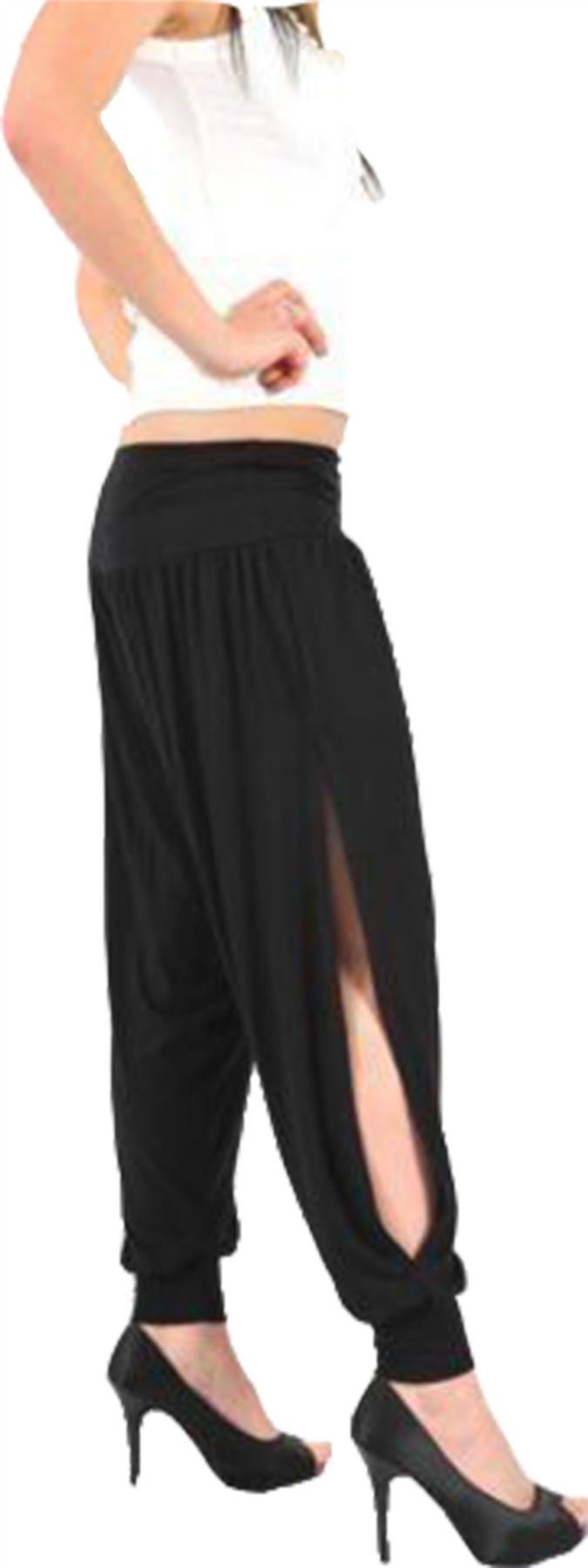 Janisramone Women's Black New Plain Baggy Full Length Cuffed Bottom Hareem Side Slit Leggings
