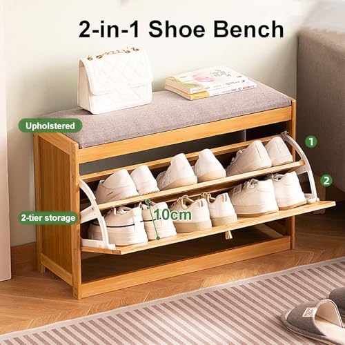 Generico Mobiletto Porta Scarpe, armadietti per corridoio, scaffale per Scarpe, Copri cassetti, Panca Pieghevole per Ingresso, Panca Porta Scarpe in bambù Cact con Cuscino Imbottito, Ribaltabile a 2