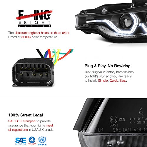 VIPMOTOZ Truly Bright Series LED Halo Ring Black Housing Quad Projector Headlight Headlamp Assembly For 2012-2015 BMW 3-Series F30 Pre-LCI Sedan Halogen Model, Driver & Passenger Side