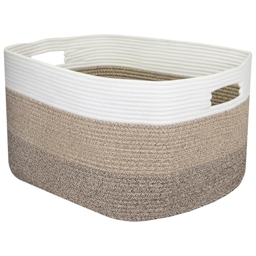 HMF Cesto para la colada XXL de algodón, cuadrado con asas, 55 x 43 x 30 cm, color blanco y marrón