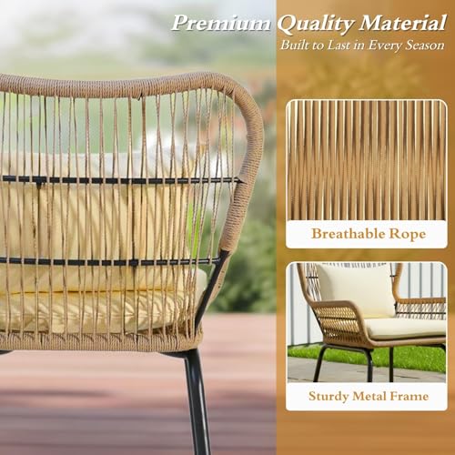 Image of DEVOKO Transform Your Outdoor Space with Our 3 Piece Patio Rope Furniture Set - Perfect for Terrace, Garden, Balcony, Porch, Deck and Yard (Beige and Cream)