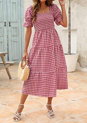 Image of ZESICA Women's 2026 Boho Summer Dresses Gingham Puff Sleeve Square Neck Flowy Beach Midi Dress