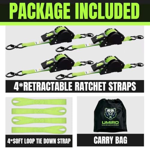 Image of Retractable Ratchet Straps 1 Inch x 12 Feet Heavy Duty Tie Downs,1760lb Break Strength,Self Retracting for Truck,Cargo,Trailer,Motorcycle,ATV,UTV (Fluorescent Green, 4pack)