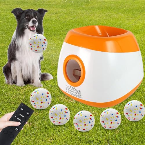 Big Automatic Ball Launcher for Dogs, 26ft-79ft Adjustable Distance Ball Thrower, 5200mAh Rechargeable Interactive Automatic Dog Ball Launcher with 6 Balls and Radar Wave Sensing Technology (Orange)