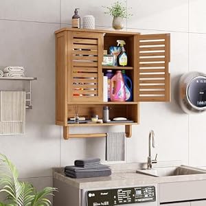 Bamjoy Bathroom Wall Cabinet Bamboo Over The Toilet Storage Cabinet with 2 Doors Adjustable Shelves Large Medicine Cabinet Wall Mounted Storage Cabinet with Towel Bar 232 W x 83 D x 301 H