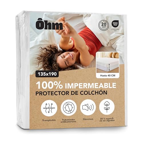 Ôhm Protector Colchón 135x190 cm | Funda De Colchón Impermeable e Imperceptible | Algodón Absorbente Hipoalergénico, con Tratamiento Antiácaros | para Colchones De hasta 40 cm | Oeko-Tex