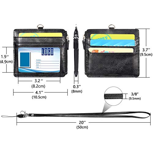 Badge Holder with Zip, Wisdompro 2-Sided PU Leather ID Badge Holder with 1 ID Window, 4 Card Slots, 1 Side Zipper Pocket and 1 Piece 20 Inch Leather Neck Lanyard Strap - Black (Horizontal)
