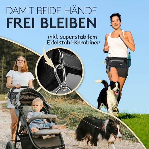 PAWZONE Futterbeutel Hunde - Leckerlibeutel für Hunde - Bauchtasche für Hunde Zubehör - Leckerlitasche für Hunde - Inkl. Reflektorband & Zusatzgurt für Flexileine (Schwarz)