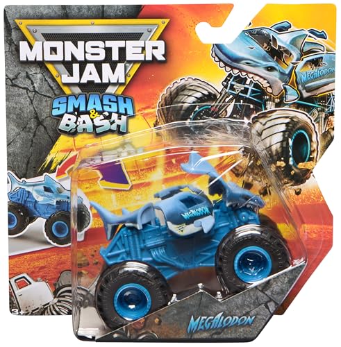 Monster Jam - Monster Truck Metálico Smash & Bash Escala 1:64, Aleatorio (Grave Digger, El Toro Loco o Megalodon), Choca y Repara al Apretar - Coches para Niños - Juguetes Niños 3 años +