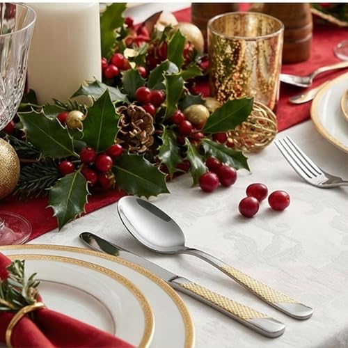 Image of Sterling Silver With Golden Handle French Style Silverware | 5-Piece Hammered Dinner Spoon Set | 18 /10 Stainless Steel Flatware | Elegant & Durable Cutlery for Home, Restaurants & Gifting