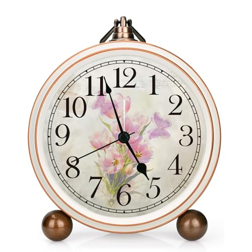 Maxspace 5.2in Vintage Alarm Clock, Silent Non-Ticking Tulips Analog Clock & Battery Operated Table Clocks with Quartz Movement, Desk Clock Decor for Bedroom Living Room (Pink)
