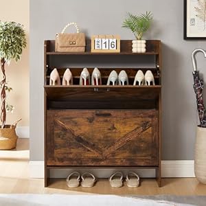 Shoe Storage Cabinet with 2 Flip Drawers Freestanding Shoe Cabinet Organizer with Metal Flip Frame for Entryway Hallway Foyer Vintage Color
