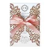 PONATIA 25PCS 5.12 x 7.1 '' Laser Cut Wedding Invitations Cards with Envelopes for Wedding Bridal Shower Engagement Birthday Invite (Rose Gold Glitter)