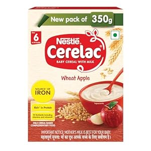 CERELAC Baby Cereal with Milk, Wheat Apple, Stage 1, From 6 to 24 Months , Source of Iron & Protein, Bag-In-Box Pack, 300g-350g (Weight May Vary)