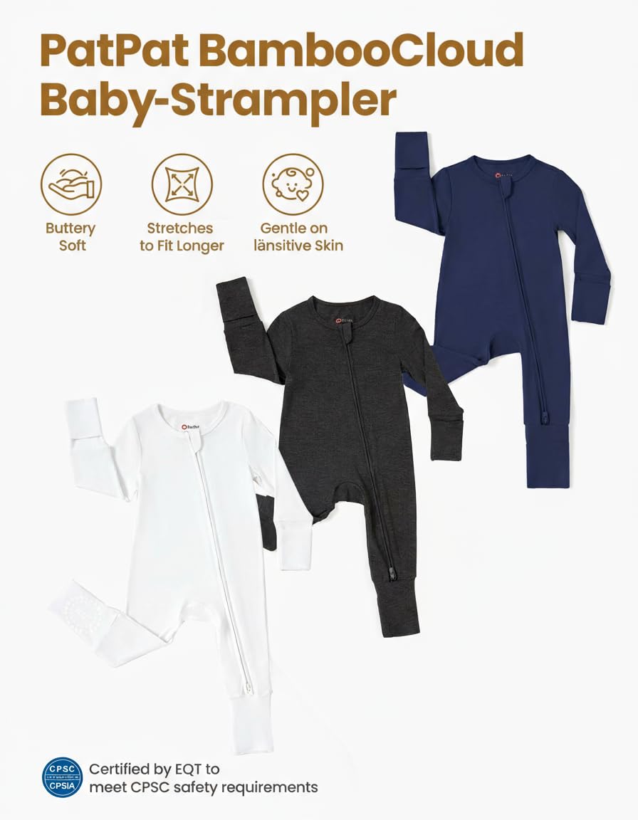 PatPat Lot de 3 barboteuses pour bébé garçon de 0 à 24 mois Ensemble pyjama en viscose de bambou avec chauffe-pieds Vert olive Gris ou Bleu marine Blanc Gris foncé