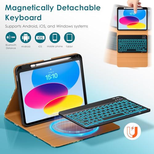 Image of DTTO for iPad 11th (A16) / 10th Generation Case with Keyboard (2025 /2022), 7 Colors Backlit Wireless Detachable Keyboard Leather Folio Cover with Pencil Holder & Pocket, Blossom
