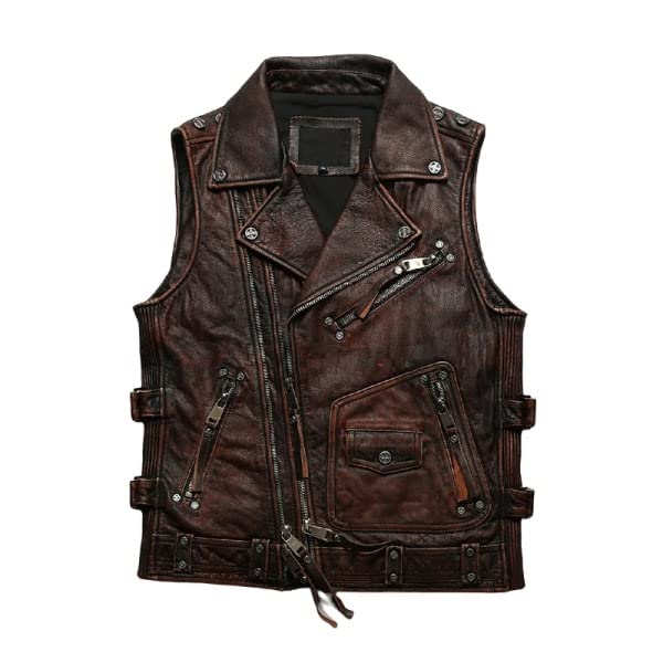 Chaleco vintage sin mangas con cremallera para hombre, chaleco de cuero vacuno genuino