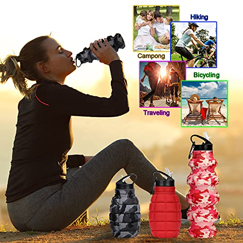 Image of Collapsible Travel Water Bottle19.6 oz, Reuseable Silicone Foldable Water Bottles for School, Office, Gym, Camping,Hiking,Portable Leak Proof Sports Water Bottle with Carabiner (Dark gray camouflage)