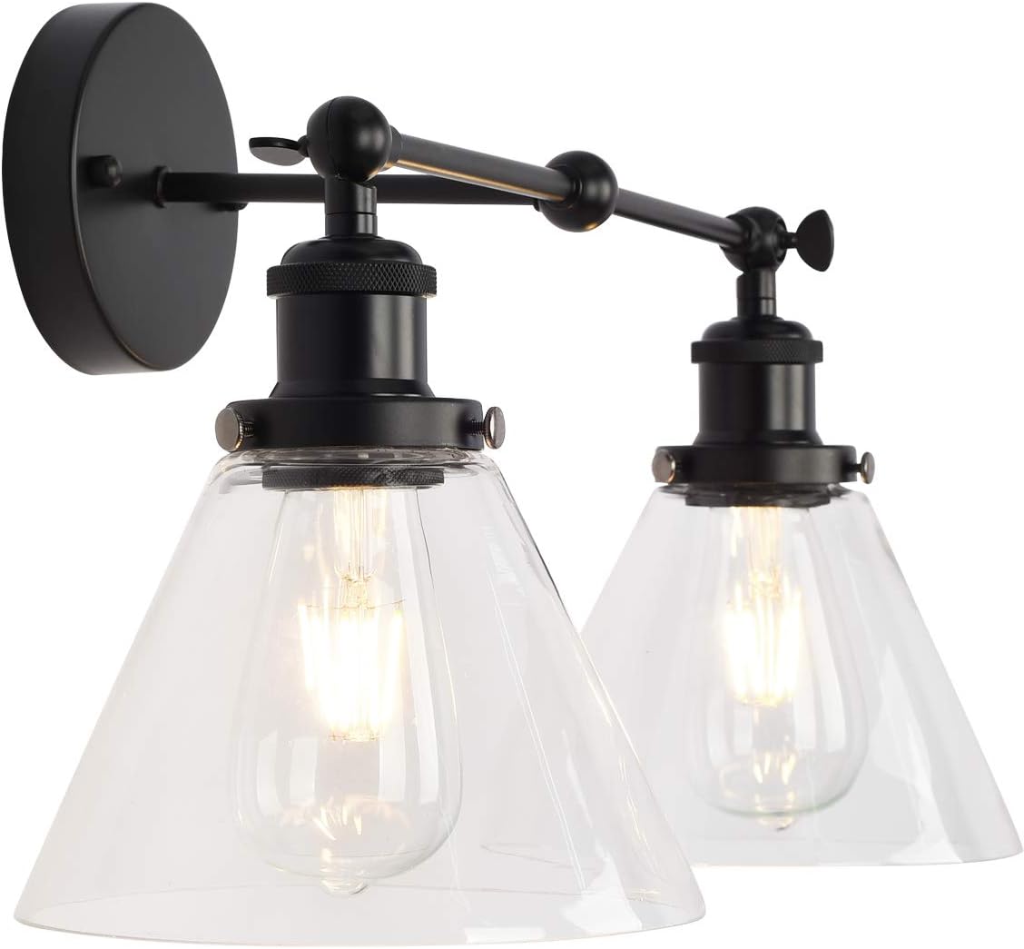 LMSOD 2 Lights Bathroom Vanity Lights, Black Industrial Farmhouse Wall Light Fixture with Clear Glass Shade (2-Light) LMSOD 2 Lights Bathroom Vanity Lights, Black Industrial Farmhouse Wall Light Fixture with Clear Glass Shade (2-Light)
