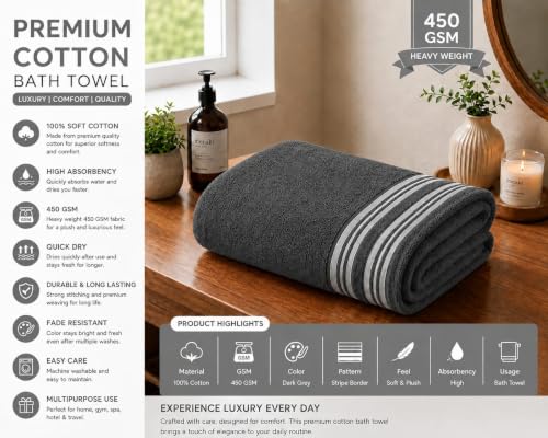 Image of Kiyro 100% Cotton Towels for Bath | Towels for Bath Large Size Bath Towel - Soft & Absorbent | 450 GSM | 1 Piece Bath Towel for Men /Women | Urban Comfort | 70 cms x 140 cms (Dark- Grey)