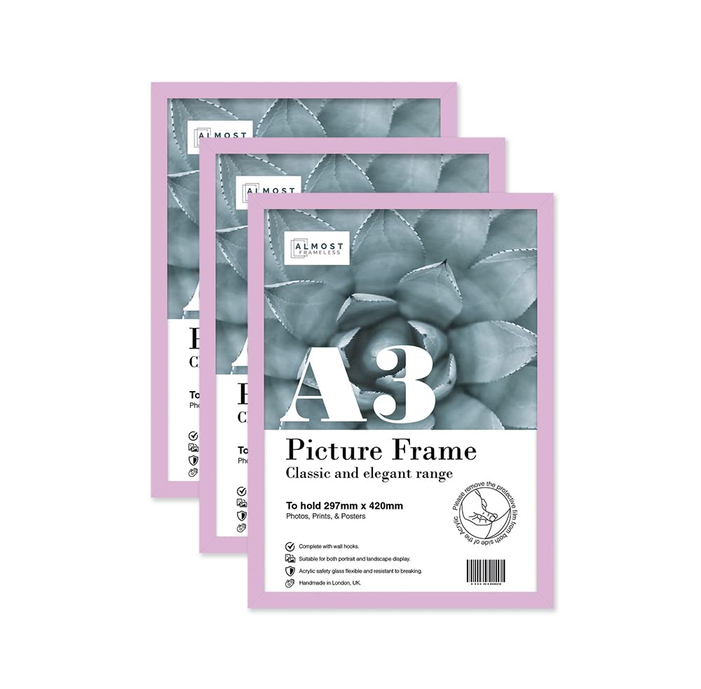 Almost Frameless A3 Lilac Picture Frame Set of 3, Display A3 Picture Gallery Wall, Poster, Photo, Artwork, or Print, Lilac