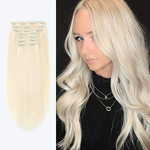 Sixstarhair Ash Blonde Clip On Hair Extensions Grade 9A Remy Virgin Human Hair 160g Luxury Clip In Hair Extensions 7 Pieces of Lace Wefts For Full Head [Color 60 Ash Blonde 22inch]