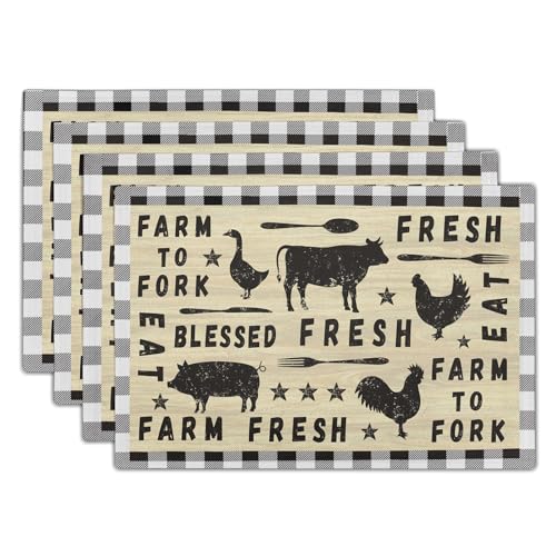 Farm-Animal-Cow-Table-Mat-Set-of-4Farmhouse-Chicken-Decor-Buffalo-Plaid-Rectangular-Linen-Placemats-with-Non-Slip-Kitchen-Table-Decor-12x18-Inch-for-Party-Kitchen-Dining Farm Animal Cow Table Mat Set of 4Farmhouse Chicken Decor Buffalo Plaid Rectangular Linen Placemats with Non Slip Kitchen Table Decor 12×18 Inch for Party Kitchen Dining