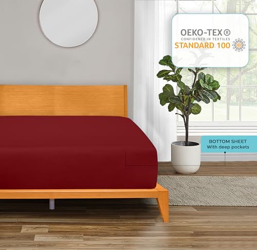 Image of ROYALE LINENS 300 Thread Count 100% Long Staple Combed Cotton Fitted Sheet Full - Super Soft Deep Pocket Bottom Sheet - Fitted Sheets Only - Elastic Sheets (Full, Red)