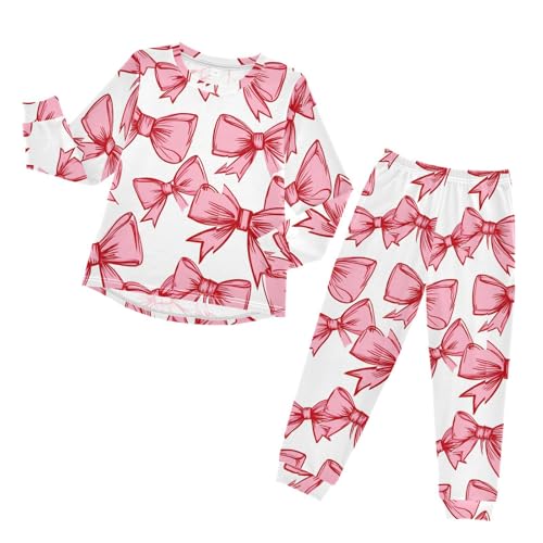 Pink Bows on White Soft Pajama Set for All Seasons,Breathable Pjs Long Sleeve Sleepwear,Comfy Loungewear 2 Piece Underwear Set 3T