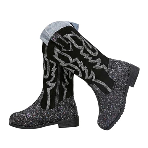 Girls Cowgirl Boots Glitter Mid Calf Zipper Round Toe Western Cowboy Boot for Kids Riding Boots with Side Zipper Waterproof Non Slip Sole for Outdoor Activities
