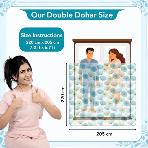 Image of Divine Casa Floret 100% Cotton Double Dohar | 120 GSM | Soft & Lightweight Throw Blanket | Reversible Design | Cozy & Breathable Bedding | All-Season Comfort | 220 x 205 CM, Aqua